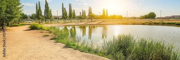 Fototapeta Sunny park pond with pathway