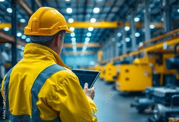Obraz Worker Inspecting Factory Floor Using Tablet for Quality Control Checks