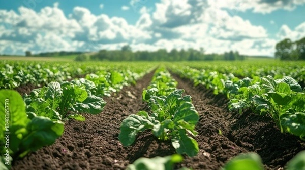 Fototapeta Vibrant Green Rows of Crops Under a Sunny Sky