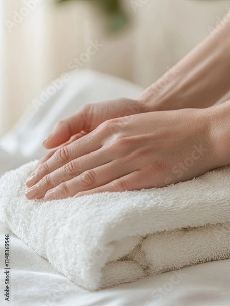 Obraz Hands Folding Towels for Bedroom, Soft Focus.