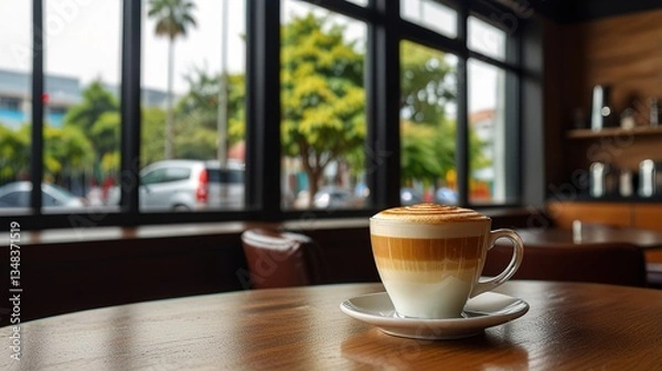 Fototapeta Hot latte coffee put on table in cafe restaurant drink breakfast in the morning day