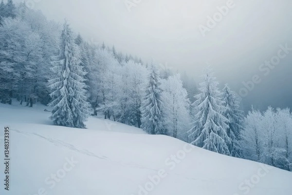 Fototapeta A tranquil winter landscape adorned with snow-covered trees in a foggy mountain setting