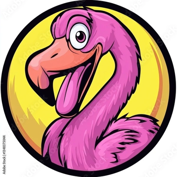 Fototapeta A cartoon illustration of a pink flamingo with a joyful expression