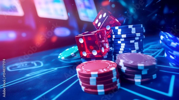 Fototapeta Colorful poker chips and dice stacked on a casino table.
