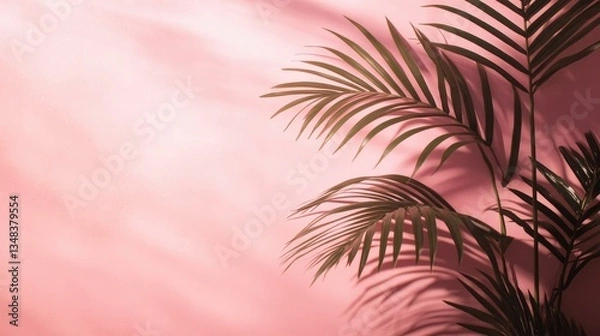 Fototapeta Palm leaf silhouettes forming blurred shadows on a smooth pink wall, creating a soft, warm atmosphere perfect for promoting beauty, fashion, or lifestyle products