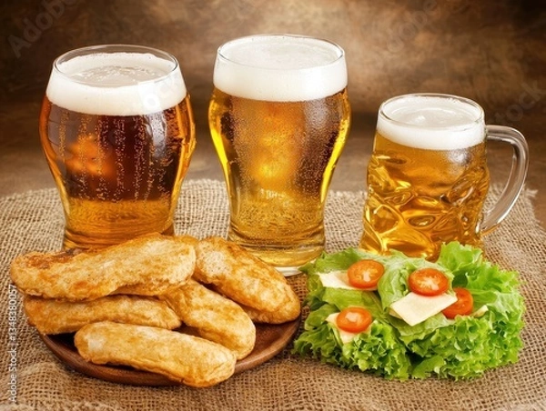 Fototapeta Three glasses of beer in varying sizes with a plate of golden-brown pastries and a fresh salad on a rustic burlap surface inviting induence.