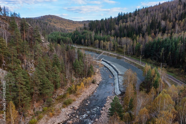 Obraz Southern Urals, a railway line near the Inzer River in the area of the Aigir rocks (Aigir rapids). Aerial view.
