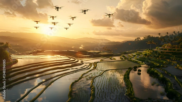 Obraz Future of Agriculture: Drone Technology Transforming Rice Terraces in a High-Tech Farming Landscape generate by AI