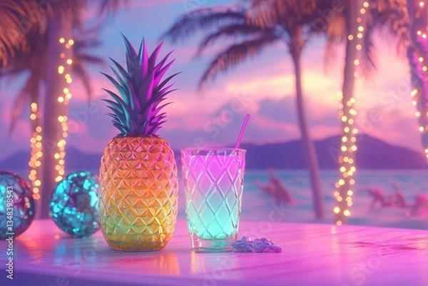 Obraz Colorful pineapple with neon purple lighting, string lights and palm trees creating tropical party atmosphere
