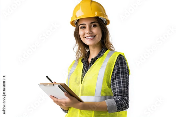 Fototapeta A woman with a safety vest and helmet smiles while holding a clipboard. This photo could be used for AI model training
