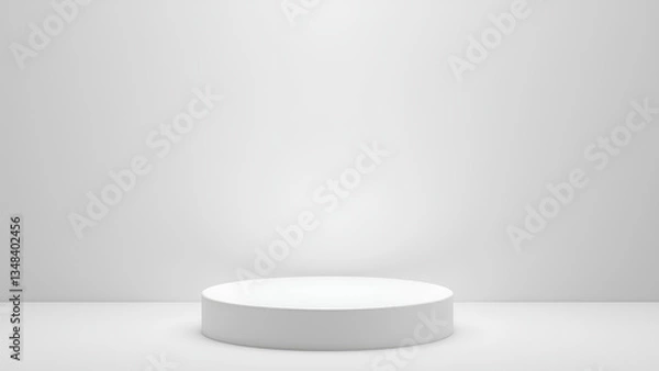 Fototapeta minimalist display platform is set against clean, white background, creating serene and modern atmosphere. soft lighting highlights circular shape, making it ideal for showcasing products or art