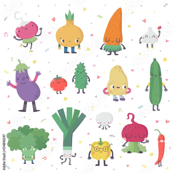 Obraz Cute cartoon live vegetables vector set in nice colors.