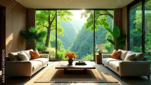 Fototapeta Serene living room with expansive views of a lush, verdant valley visible through floor-to-ceiling windows, complemented by minimalist furniture and indoor plants