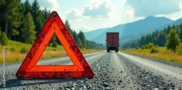 Fototapeta A weathered red emergency triangle rests on a gravel road, a distant semi-truck visible on the horizon amidst a serene landscape of evergreen trees and rolling hills.