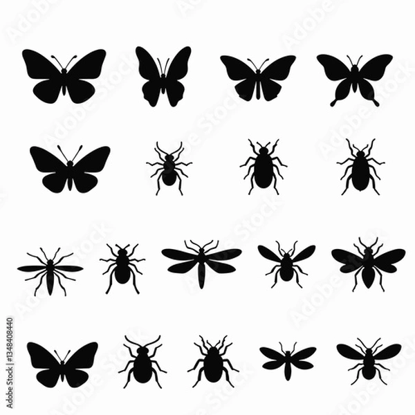 Obraz Insect silhouettes: varied species of butterflies, bees, ants, and dragonflies in a vector illustration on an isolated white background.