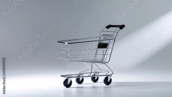 Obraz Shopping cart stands in a lit studio against a gray background emphasizing its design and functionality