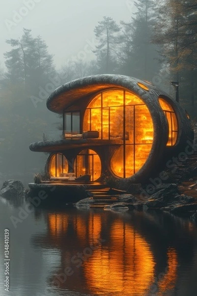 Fototapeta Unique house by the water glows in the forest on a foggy day