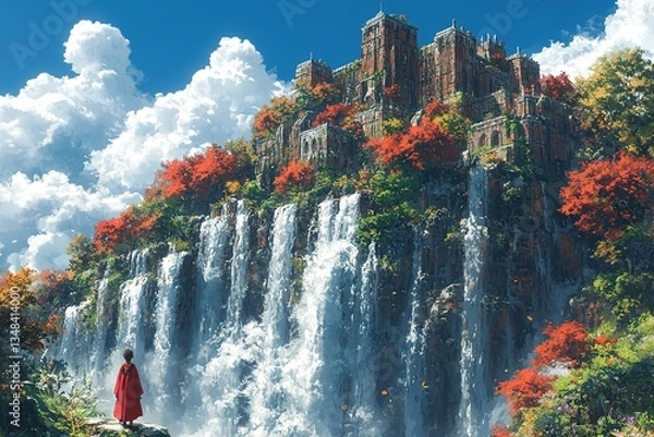 Fototapeta Waterfall cascade from palace cliff, autumn leaves, figure in red, blue skies