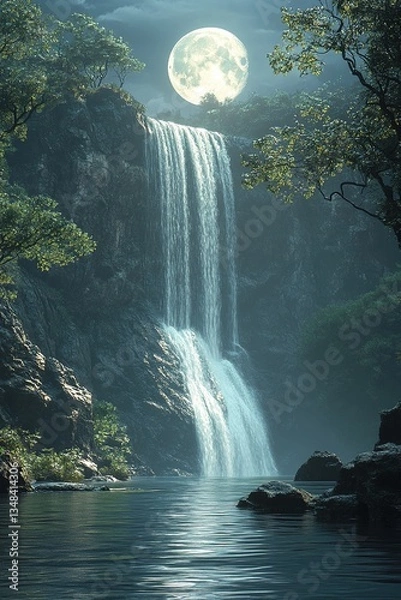 Fototapeta Waterfall cascades down a cliff face, moonlight illuminating the pristine waters