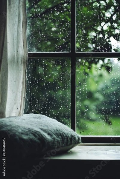 Fototapeta Leaning against a window, watching the rain fall softly outside. The gentle rhythm invites peaceful reflection and renewal