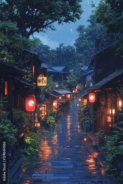 Fototapeta Wet cobblestone street at night with illuminated lanterns & old wooden buildings