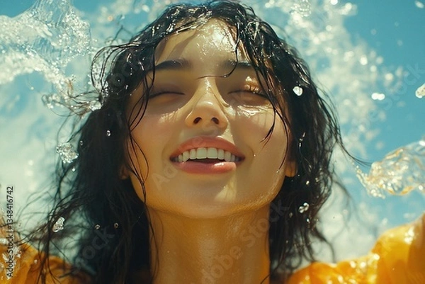 Fototapeta Woman basks in splashing water, eyes closed, smiling under a bright blue sky