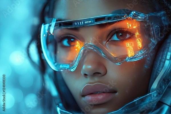 Fototapeta Woman in futuristic visor looks onward with bright reflections, tech background