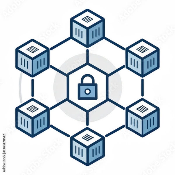 Fototapeta A digital illustration depicting a secure blockchain network with interconnected blocks and a central padlock symbolizing security.