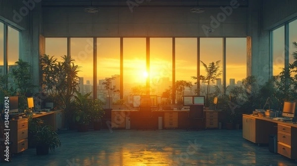 Fototapeta Workspace with city view. Sun shining through the windows. Plants inside