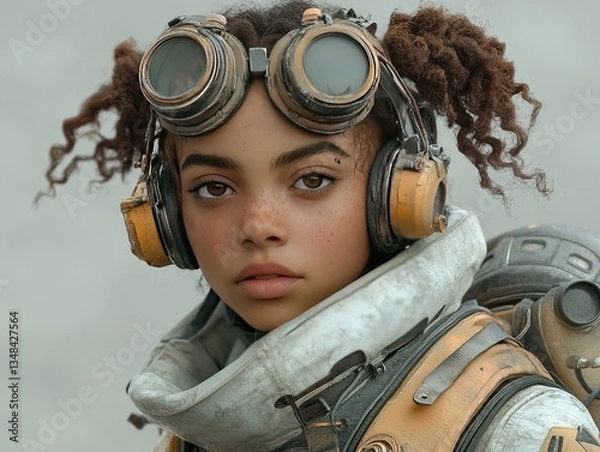 Fototapeta Young girl with goggles and futuristic gear, intense stare in a soft background