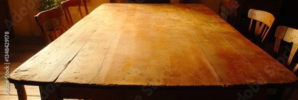 Fototapeta Large, light-colored wooden table with rustic planks