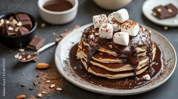 Fototapeta Delicious Stack of Chocolate Pancakes with Marshmallows and Chocolate Sauce
