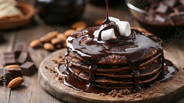 Fototapeta Delicious Chocolate Pancakes Stack with Marshmallows and Syrup Drizzle