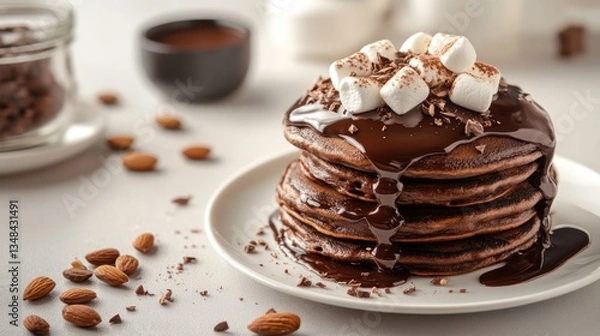 Fototapeta Delicious Stack of Chocolate Pancakes with Marshmallows and Almonds