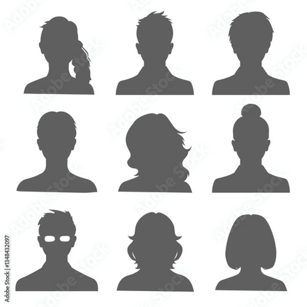 Obraz Silhouette Headshots: A diverse group of people depicted in shadow, showing a variety of hairstyles and potential professions. Anonymous and inclusive representation.