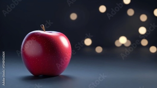 Fototapeta Red apple sitting on a dark surface with blurred lights in the background during evening hours