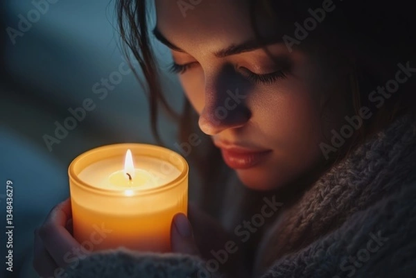 Fototapeta A person sits by a glowing candle, softly repeating affirmations in the quiet morning. The soft flicker of light dances across their peaceful face 