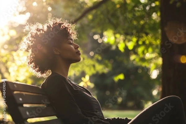 Obraz A person sits on a park bench, eyes closed, feeling the morning breeze. Soft whispers of affirmations fill the quiet space around them