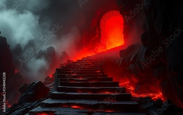 Obraz Ascending stone stairway through volcanic landscape leads to glowing archway