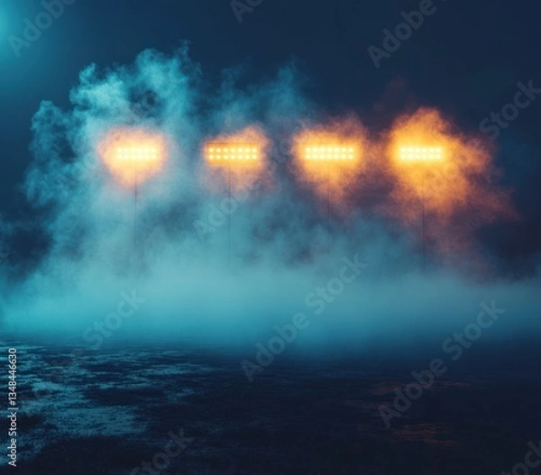 Fototapeta Illuminated Stadium Lights in Foggy Night Atmosphere