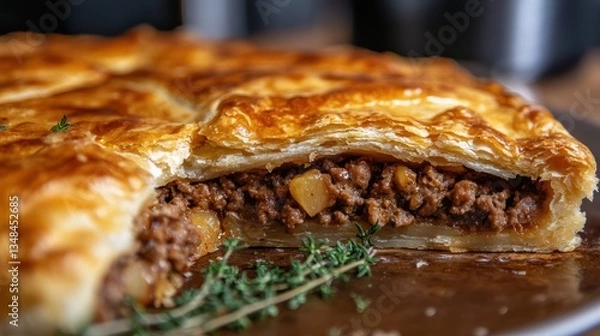 Fototapeta Delicious Homemade Meat Pie with Flaky Crust Ready to Be Served