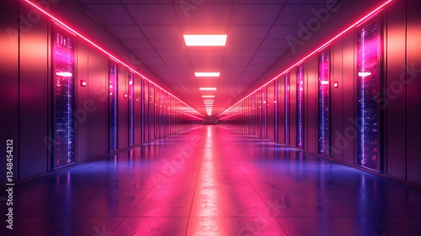 Obraz A futuristic server room bathed in vibrant pink and purple neon light. Ideal for technology, cybersecurity, or data center visuals.