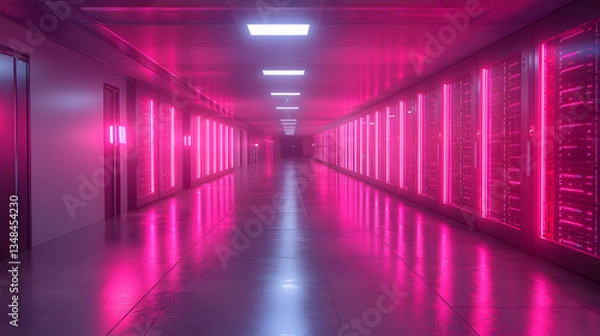 Obraz A futuristic server room bathed in vibrant pink neon light. Ideal for technology, cybersecurity, and data center visuals. Perfect for website banners, presentations, and digital art.