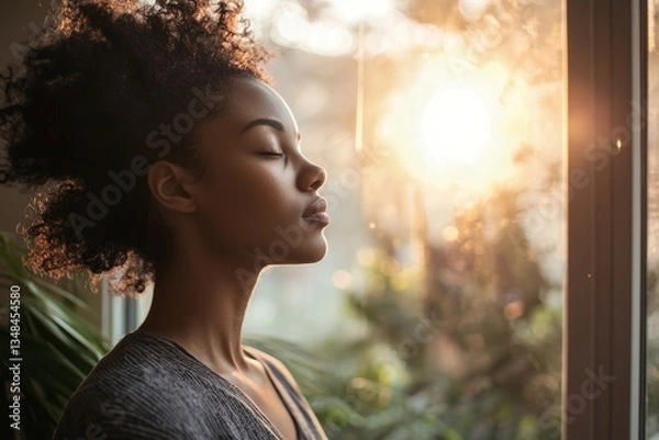 Obraz Standing at an open window, a person breathes deeply with eyes closed. Gentle morning affirmations flow softly through the air