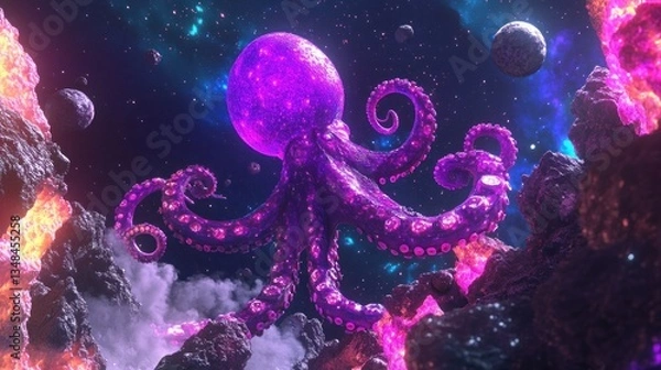 Obraz Cosmic octopus amidst nebula and asteroids