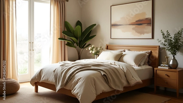 Fototapeta A Serene and Refined Bedroom Setting with Plush Layers and Elegant Decor