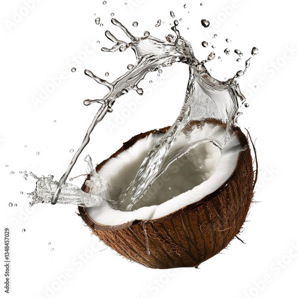 Obraz Fresh Coconut Half With Splashing Water Isolated on Transparent Background for Tropical or Exotic Food Concepts in Culinary Art