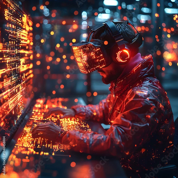 Obraz A person wearing a VR headset interacts with a futuristic computer interface displaying glowing code in a dark tech environment. Ideal for cyberpunk or metaverse projects.