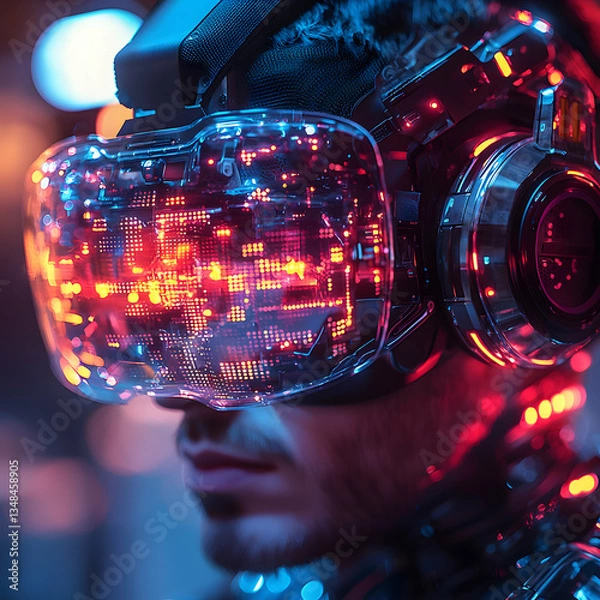 Obraz A person wears a futuristic VR headset with glowing circuits. Ideal for showcasing advancements in virtual reality technology gaming or metaverse experiences.