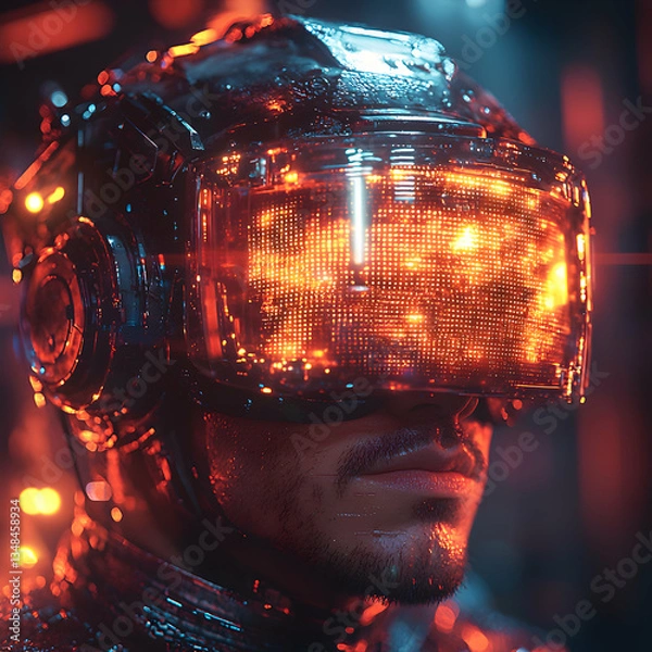 Fototapeta A cyberpunk character wears a futuristic helmet with a bright orange LED display. Ideal for sci-fi, gaming, or metaverse projects.